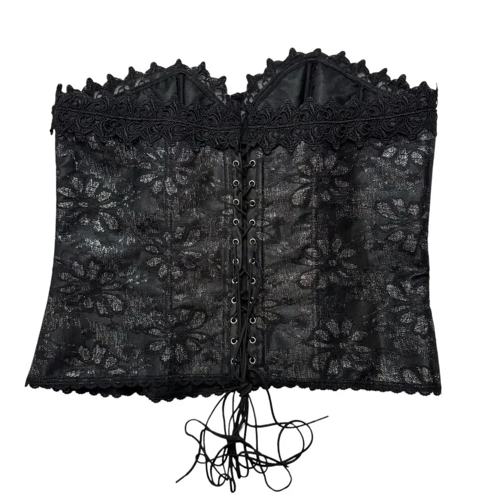 FREDERICKS OF HOLLYWOOD Black Silver Lace Up Corset Sz 42 Hook Eye Boning #8171